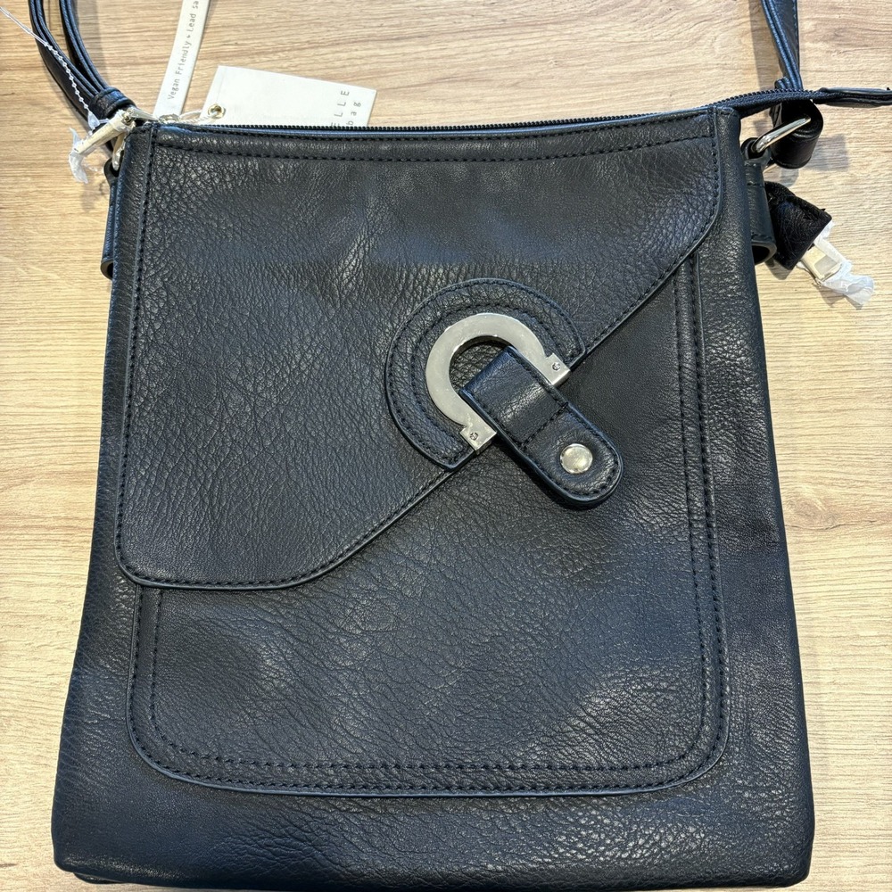 Isabelle Vegan Handbag Black With Gold Accents Crossbody NWT